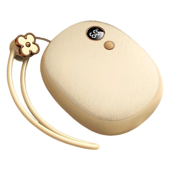 Incalzitor de maini Bluvista® cu powerbank 10000mAh, 8W, catifea superfina, incarcare USB tip C, 3 trepte incalzire 40°/50°/60°, pana la 6 ore de functionare, Bej