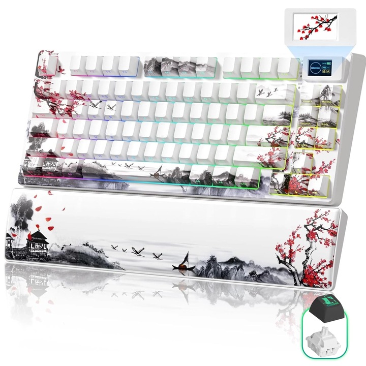 Tastatura Mecanica Wireless Timebox, 75%, Ecran multimedia color, 3 moduri 2,4G + Bluetooth + USB-C, Hot-swappable 3/5 pin, Gasket mount EVA, RGB, 4000mAh, Wrist rest + Mouse pad, Mac/Win, Alb