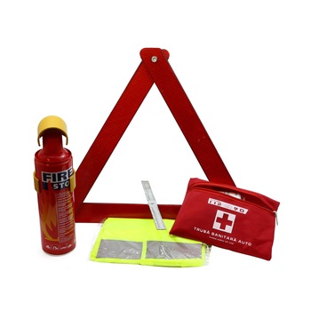 Kit siguranta auto: stingator, triunghi, vesta, trusa medicala Kit siguranta auto: stingator, triunghi, vesta, trusa medicala