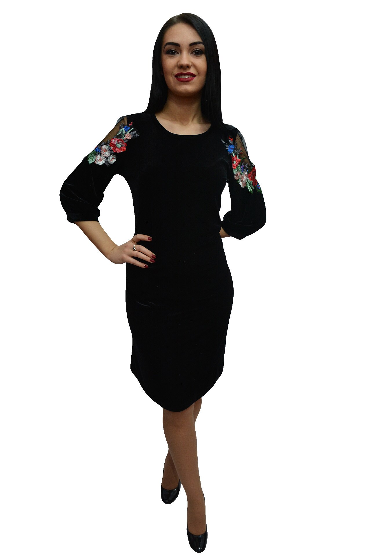 Rochie feminina cu design de broderie florala la umeri,masura mare,D&J Exclusive, Negru