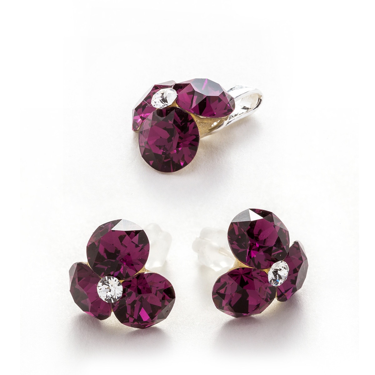 Set Argint DaviCrystals cu cristale cercei trifoi cu tija si pandantiv amethyst