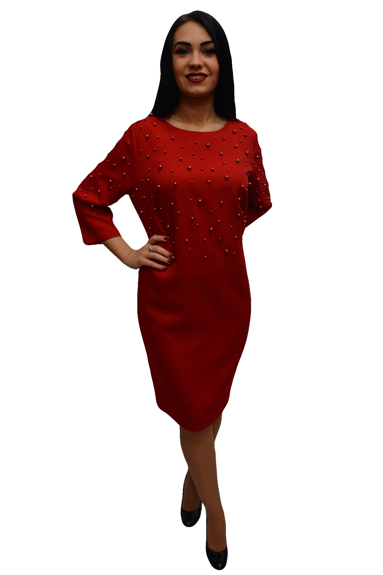 Rochie cu design de perle, croi usor cambrat,masura mare,D&J Exclusive, Rosu