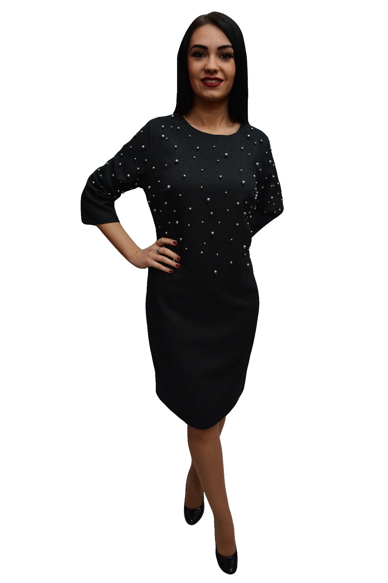 Rochie cu design de perle, croi usor cambrat,masura mare,D&J Exclusive, Gri inchis