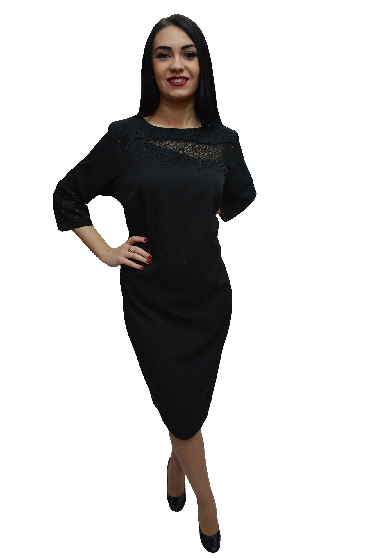 Rochie eleganta cu croi usor cambrat si design de strasuri,masura mare,D&J Exclusive,Negru, Negru