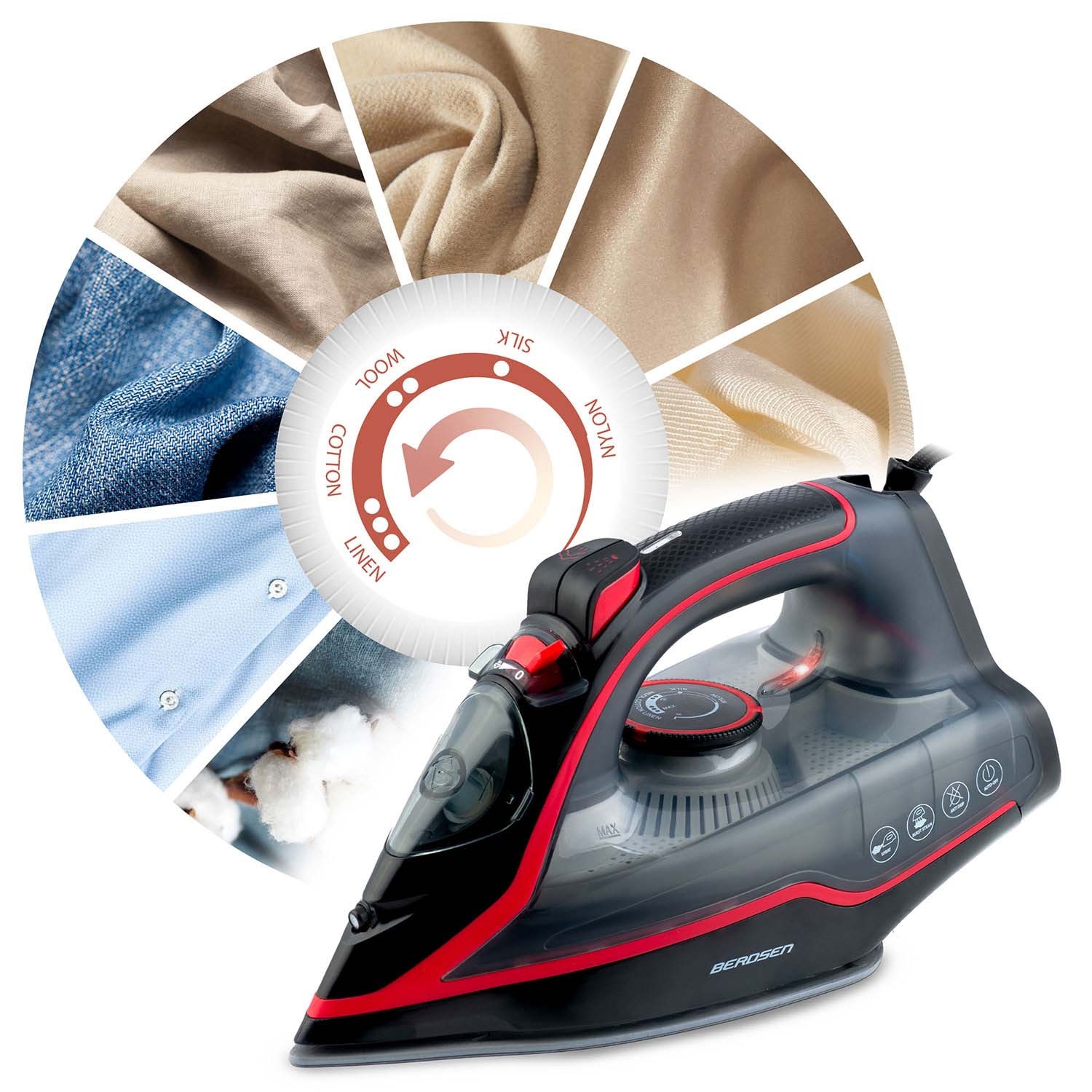 Fier de calcat cu abur, talpa ceramica, oprire automata, autocuratare, protectie la supraincalzire, rezervor de apa de 230 ml, abur vertical, reglare a temperaturii, 2600 W, gri si rosu