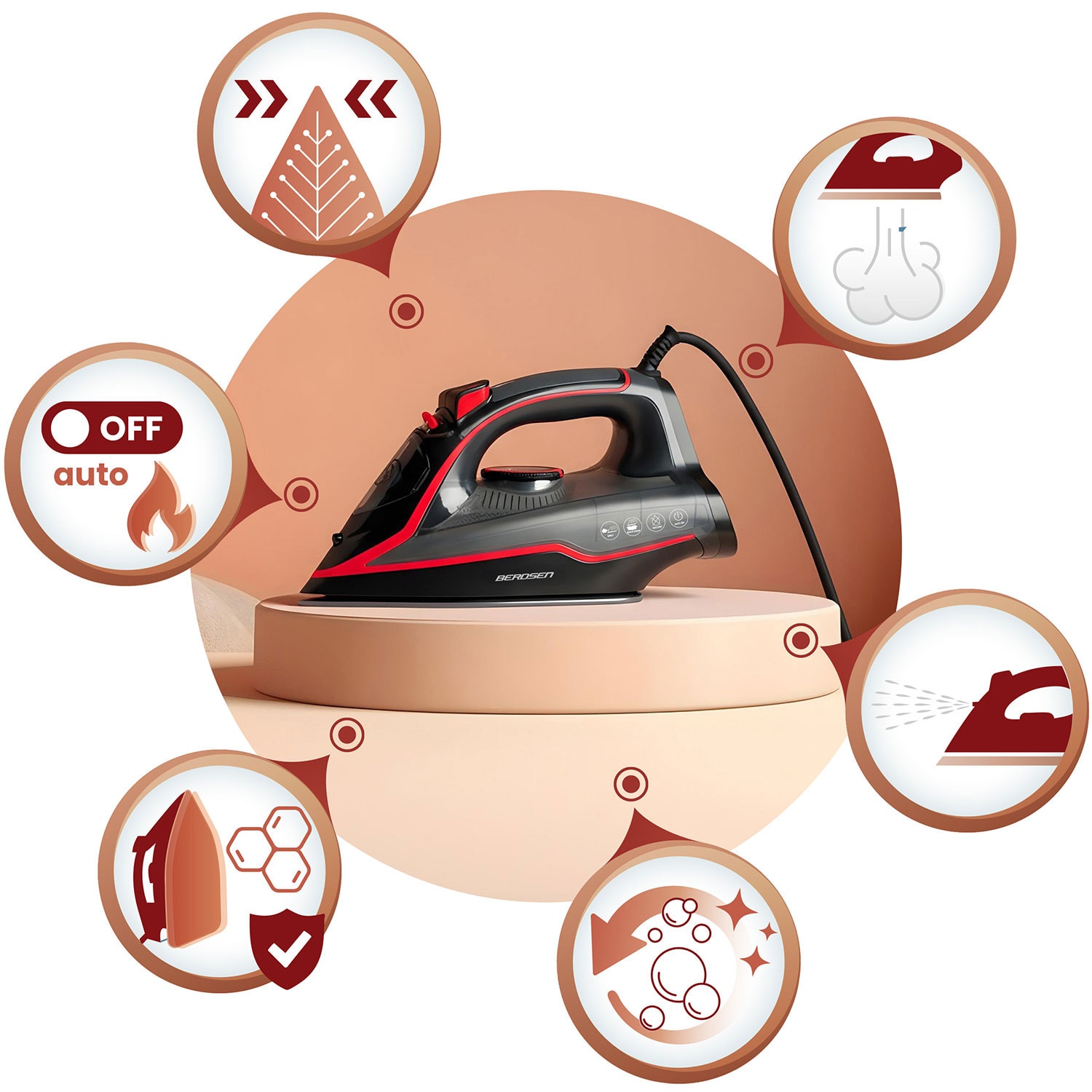 Fier de calcat cu abur, talpa ceramica, oprire automata, autocuratare, protectie la supraincalzire, rezervor de apa de 230 ml, abur vertical, reglare a temperaturii, 2600 W, gri si rosu