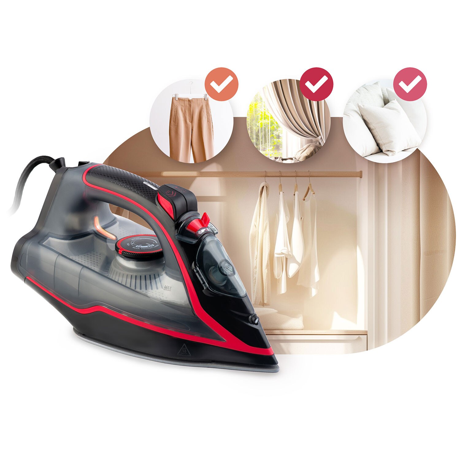 Fier de calcat cu abur, talpa ceramica, oprire automata, autocuratare, protectie la supraincalzire, rezervor de apa de 230 ml, abur vertical, reglare a temperaturii, 2600 W, gri si rosu