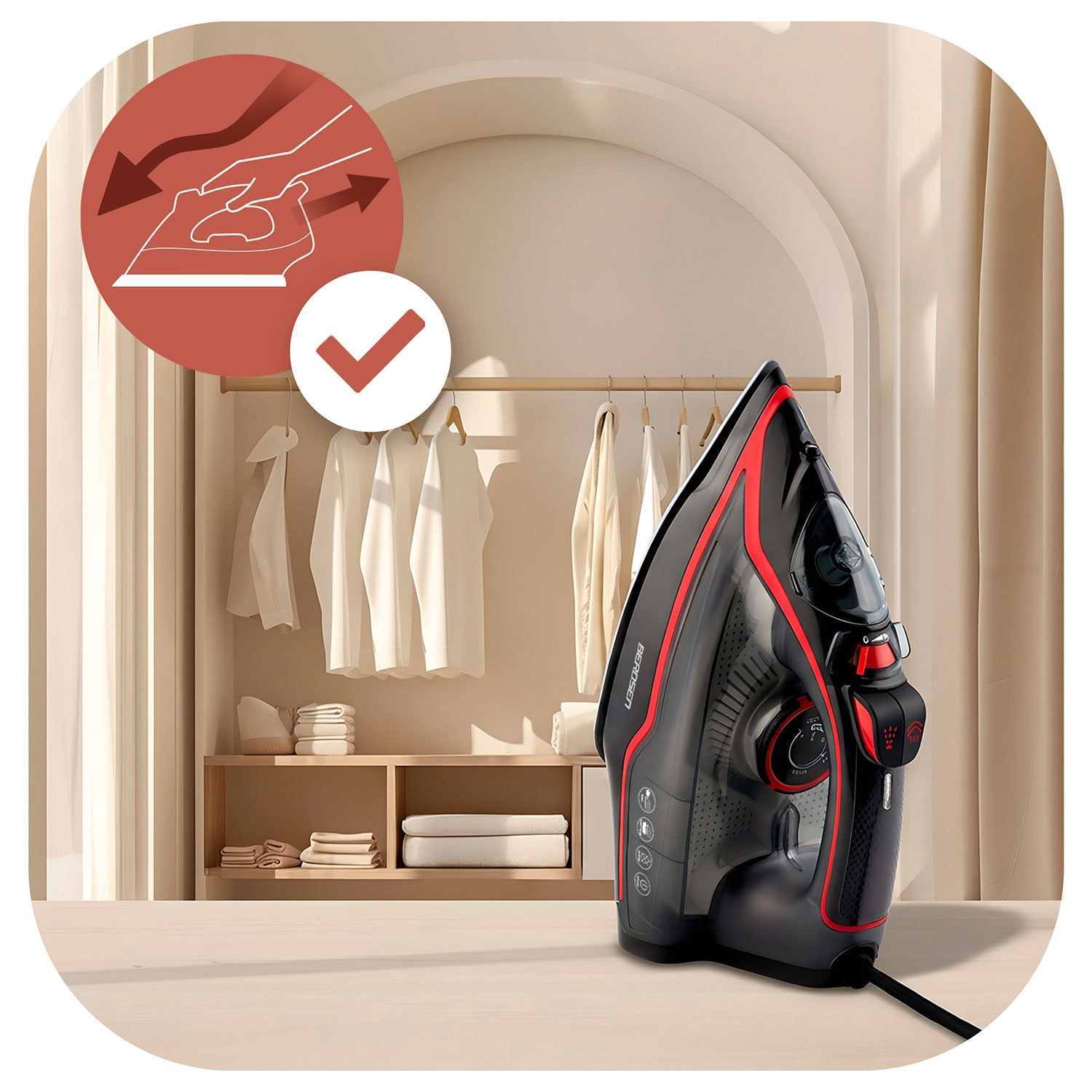 Fier de calcat cu abur, talpa ceramica, oprire automata, autocuratare, protectie la supraincalzire, rezervor de apa de 230 ml, abur vertical, reglare a temperaturii, 2600 W, gri si rosu