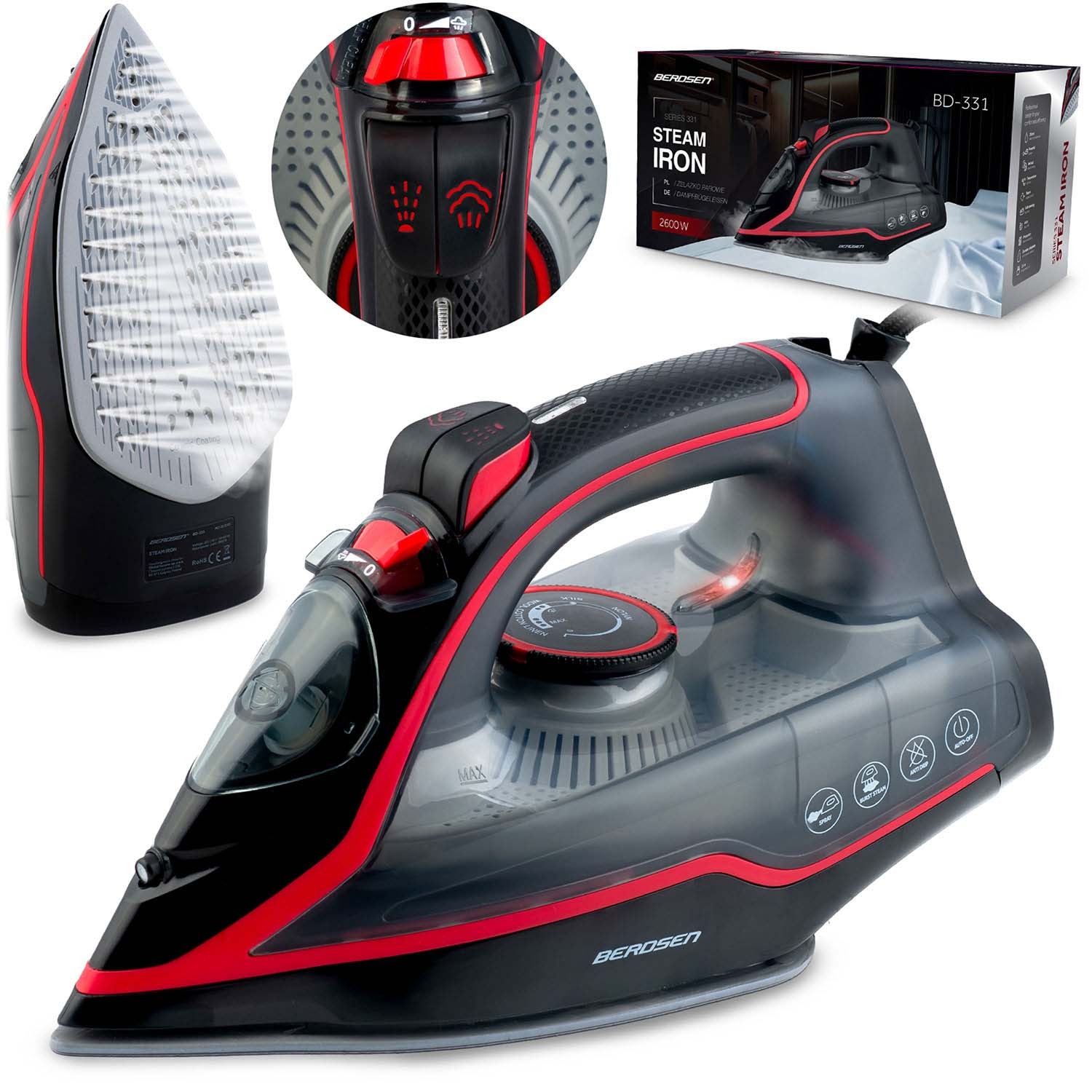 Fier de calcat cu abur, talpa ceramica, oprire automata, autocuratare, protectie la supraincalzire, rezervor de apa de 230 ml, abur vertical, reglare a temperaturii, 2600 W, gri si rosu