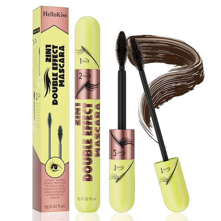 Mascara, HelloKiss, Dual-Effect, volumizant, rezistent la apa, maro, 9g