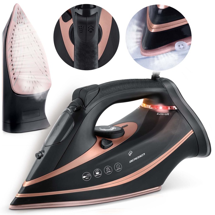 Fier de calcat cu abur, Berdsen, 3000 W, talpa ceramica, 360ml, auto-curatare, abur vertical, negru