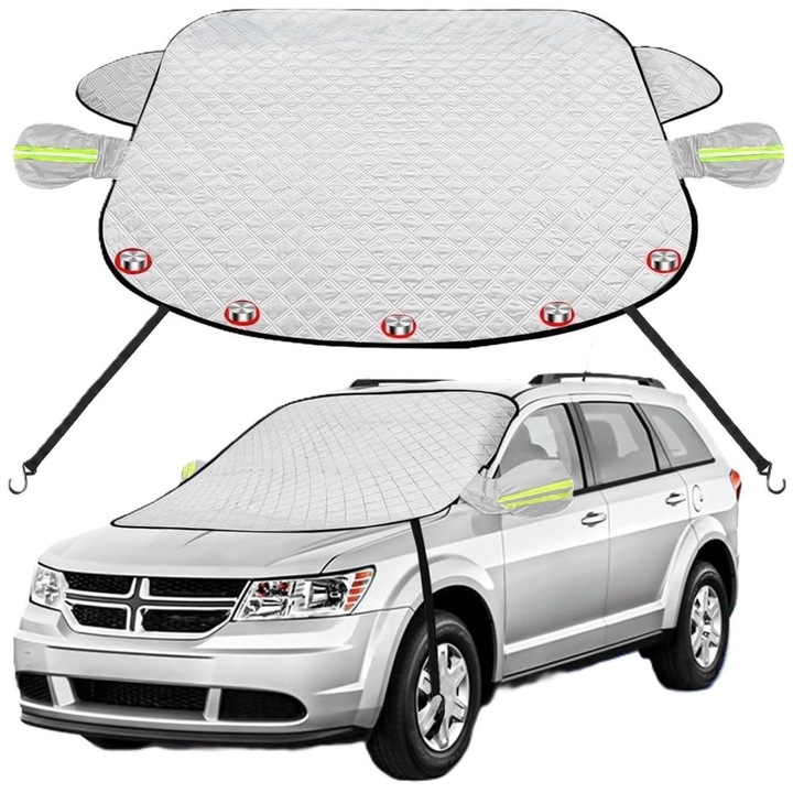 Protectie parbriz auto anti-inghet, anti-zapada si anti-soare, cu 5 magneti, material ingrosat argintiu, utilizare pe tot parcursul anului, cu capace pentru oglinzi si curele anti-vant, dimensiuni 160x115 cm, potrivit pentru 99% autoturisme