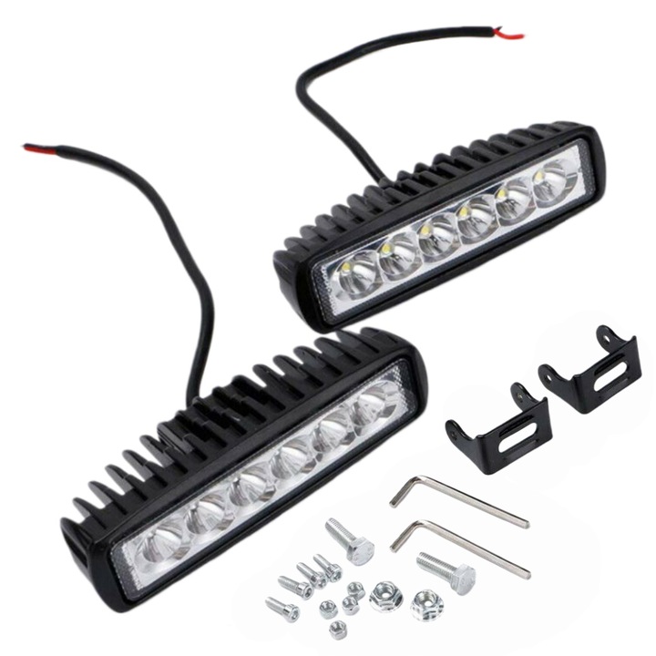 Set de 2 Proiectoare LED Auto Offroad 18W, Fantasy,12V, 6 LED-uri x 2 bucati1200 Lumeni, 16 cm, 6000K, IP67, Aluminiu, Lumini de zi, Lumini auxiliare, Lumini aftermarket, Potrivit pentru Autoturisme/Motociclete/Vehicule off-road/Camioane/Stivuitoare/Barci