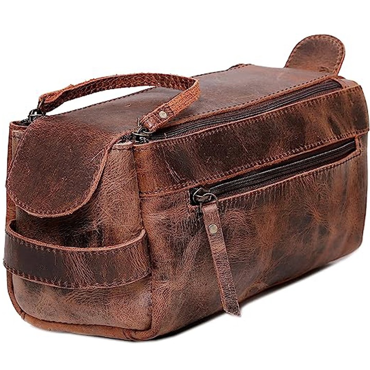 Organizator multifunctional din Piele Naturala 100%, Neosimply Crazy Horse, pentru articole de toaleta, machiaj, cosmetice pentru femei si barbati, ideala pentru calatorii