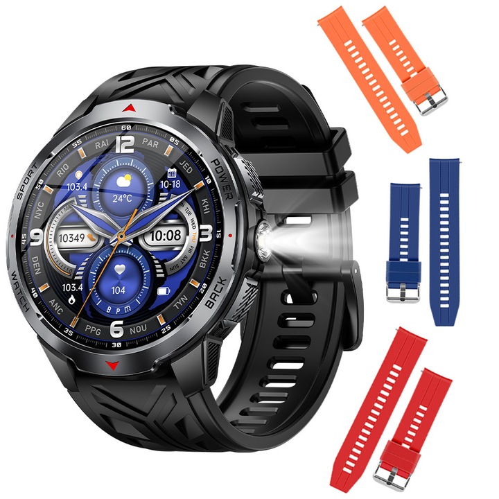 Smartwatch, 2 inch, IPS Star HD, 1100mAh, 3 curele incluse, lanterna, bluetooth 5.3, functie de apelare, asistent vocal, ritm cardiac, tensiune arteriala, somn, oxigen sange, IP68, 3atm, barometru, altimetru, pedometru, muzica, vremea, Negru, OptimStar®