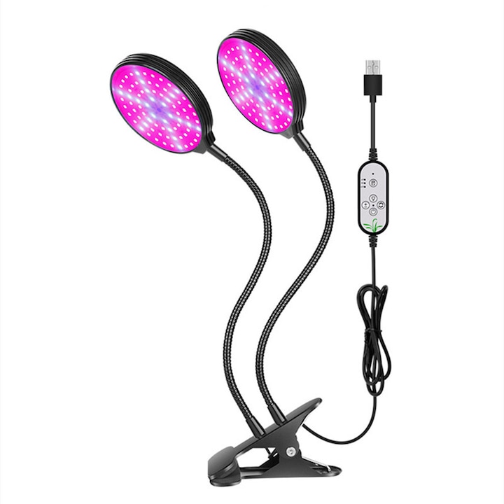 Lampa LED pentru creșterea plantelor, Esther Beauty, 30W, 2 capete reglabile, temporizator automat, USB