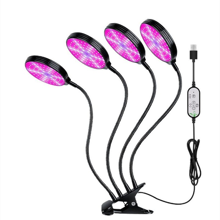 Lampa LED pentru Creșterea Plantelor Full Spectrum 60W, 4 Capete Reglabile, 5 Niveluri Intensitate, Design Reglabil, IP54