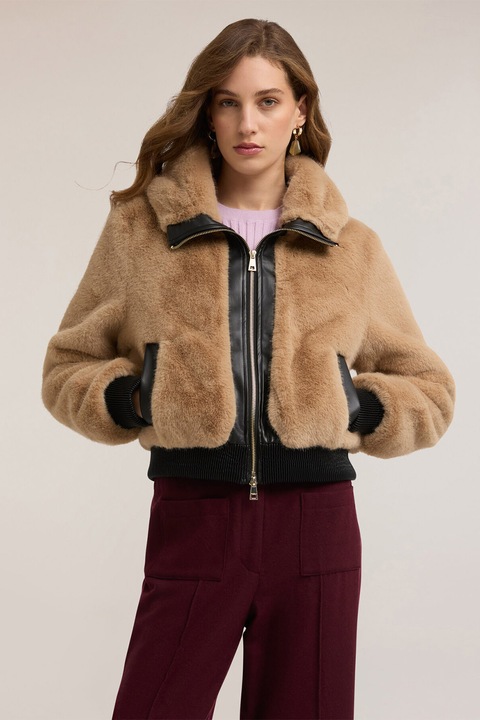 MOTIVI, Geaca din blana sintetica cu fermoar, Maro inchis, Camel, L