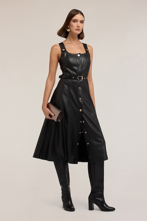 MOTIVI, Rochie din piele ecologica cu nasturi si decolteu patrat, Negru, 38