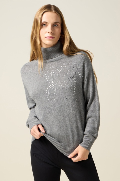 OLTRE, Pulover cu guler inalt si strasuri, Gri deschis