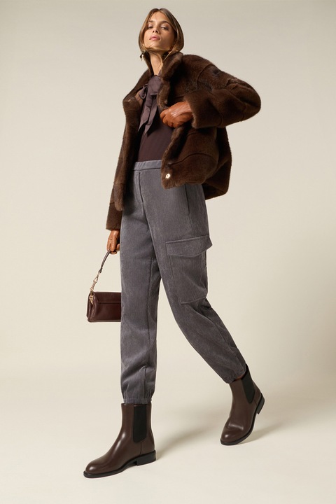 OLTRE, Pantaloni mom-fit din reiat, Maro taupe deschis