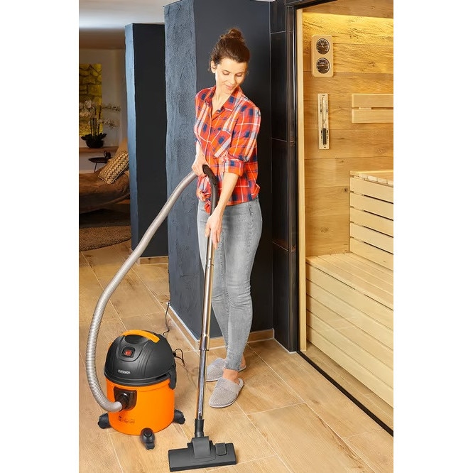 Aspirator umed/uscat Monzana, 1200W, Cu filtru, Sac de praf, 45 x 33 x 32 cm, Capacitate recipient praf 15L, Perie de podea Duza pentru tapiterie, Duza pentru crapaturi, Metal, Negru/Portocaliu