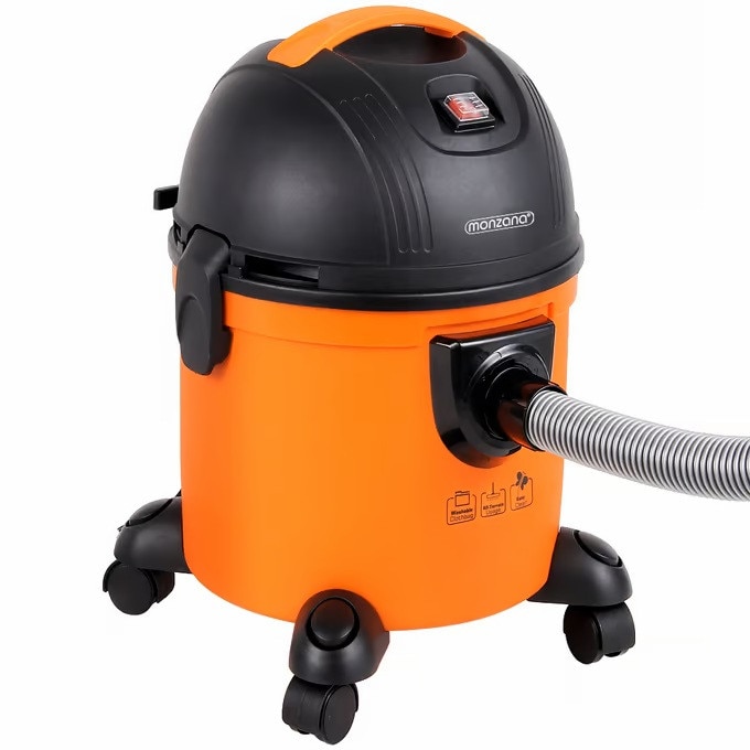 Aspirator umed/uscat Monzana, 1200W, Cu filtru, Sac de praf, 45 x 33 x 32 cm, Capacitate recipient praf 15L, Perie de podea Duza pentru tapiterie, Duza pentru crapaturi, Metal, Negru/Portocaliu