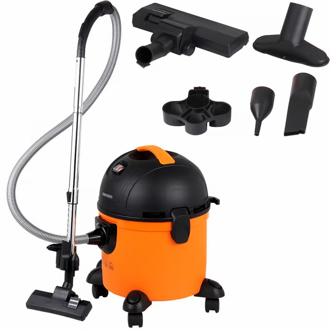 Aspirator umed/uscat Monzana, 1200W, Cu filtru, Sac de praf, 45 x 33 x 32 cm, Capacitate recipient praf 15L, Perie de podea Duza pentru tapiterie, Duza pentru crapaturi, Metal, Negru/Portocaliu