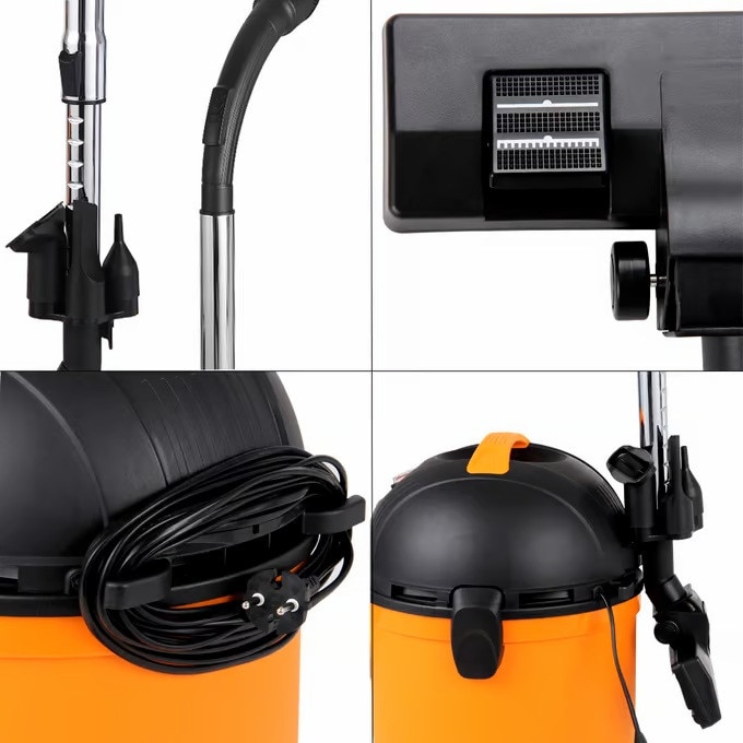 Aspirator umed/uscat Monzana, 1200W, Cu filtru, Sac de praf, 45 x 33 x 32 cm, Capacitate recipient praf 15L, Perie de podea Duza pentru tapiterie, Duza pentru crapaturi, Metal, Negru/Portocaliu