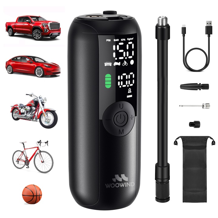 Woowind LP1 Compresor de aer pentru umflarea anvelopelor, 150 PSI, pompa de bicicleta, oprire automata, umflator anvelope auto fara fir cu Schrader, Presta, Dunlop, manometru pentru masina, bicicleta, motocicleta