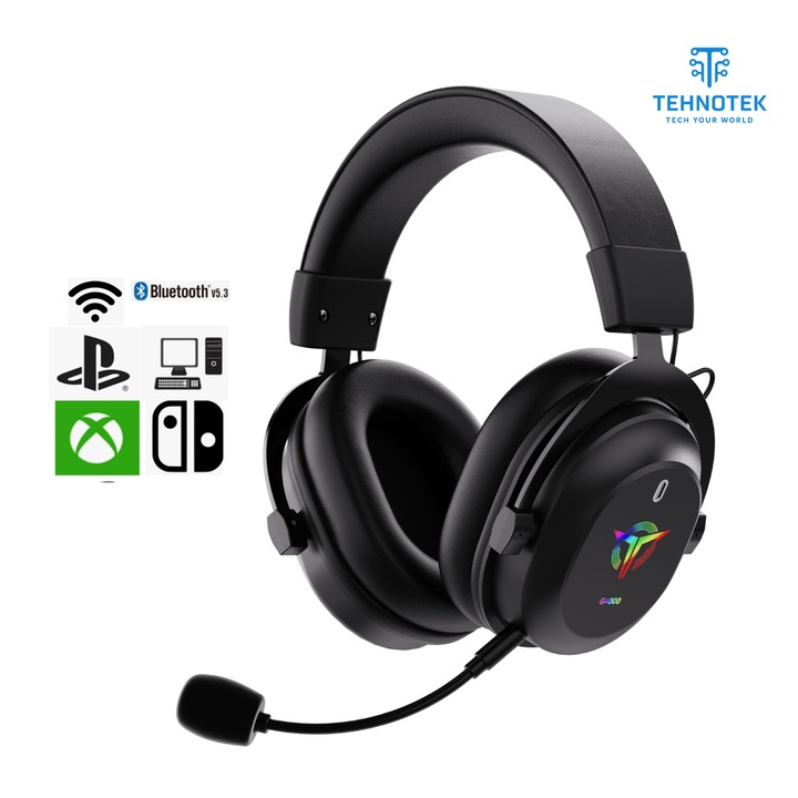 Casti Gaming TehnoTek, Difuzor 50mm, Wireless, Negru, Bluetooth 5.3