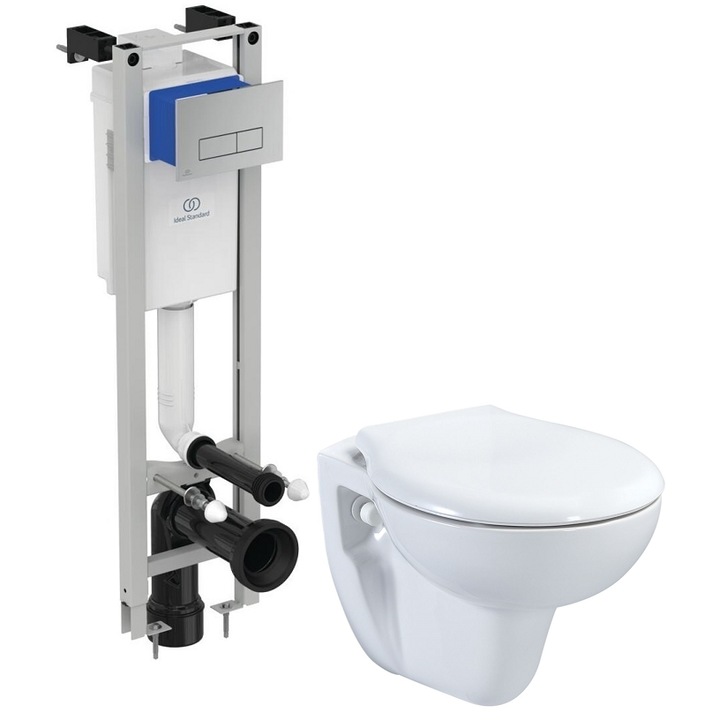 Set 2 in 1 Toaleta Mozy Compact 49 cm cu spalare standard american BOX-RIM, Rezervor Ideal Standard, capac soft and slim, clapeta crom lucios