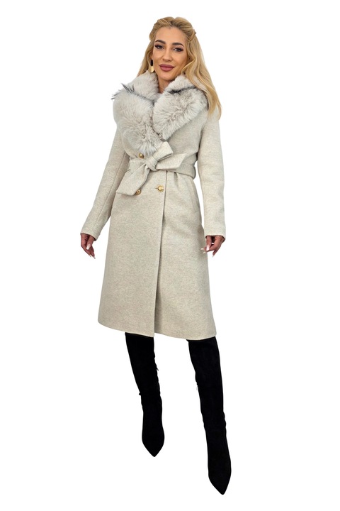Palton elegant de dama, MABELL, cu blana si inchidere, Crem