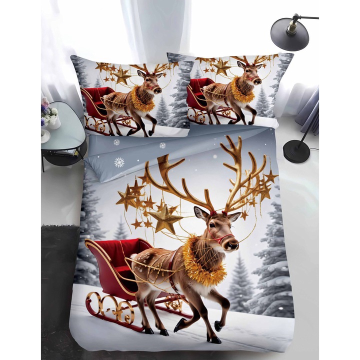 Set lenjerie de pat 1 Persoana, Imprimeu Craciun, Pucioasa, Finet/Bumbac, Cearceaf de pat 160 x 220 cm, Husa pilota 155x200 cm, 2 huse perne 55 x 75 cm, Alb/Gri/Auriu, QY-27