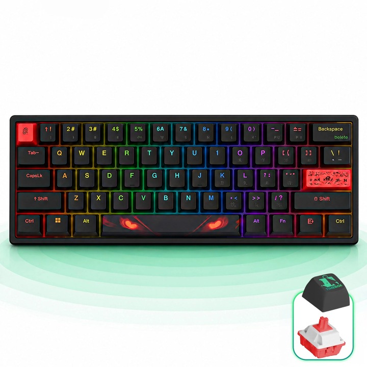 Механична геймърска клавиатура Timebox, 60%, USB-C, RGB програмируема, Hot-swappable, Червени линейни превключватели, PBT капачки на клавишите, Прозрачен матов корпус, Звукопоглъщащи слоеве, Съвместима с Windows/Mac/PC/PS4/Xbox, Черна