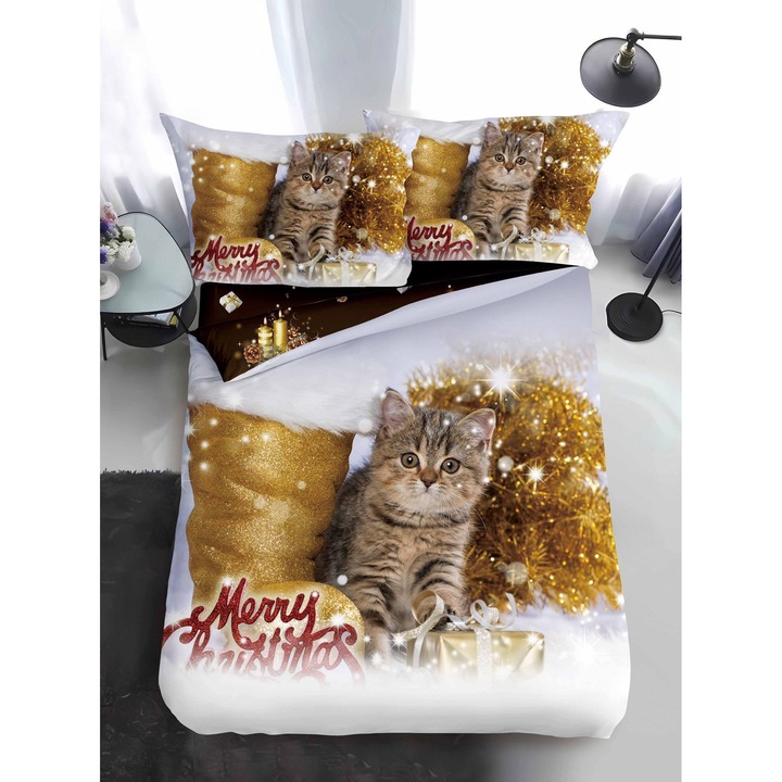 Set lenjerie de pat 1 Persoana, Imprimeu Craciun, Pucioasa, Finet/Bumbac, Cearceaf de pat 160 x 220 cm, Husa pilota 155x200 cm, 2 huse perne 55 x 75 cm, Alb/Auriu, QY-29