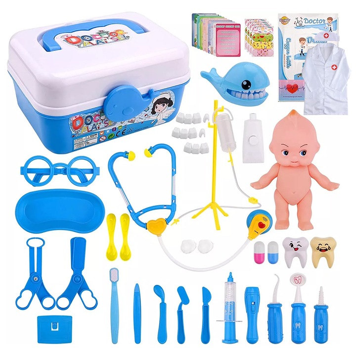 Set joaca doctor, 43 bucati, uniforma albastra, YOUKUKE®, geanta de transport, pentru copii de 3 ani si peste, albastru