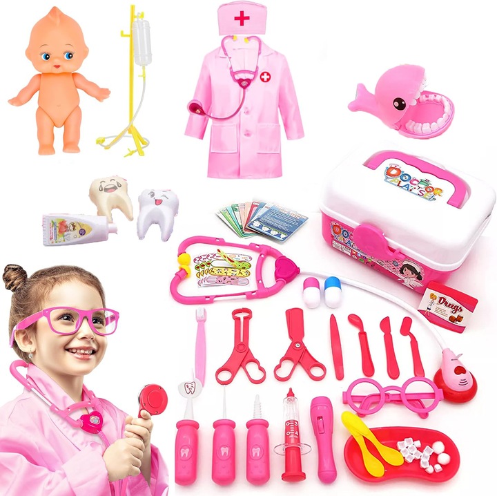 Set Joaca Doctor, 43 Piese, Include Halat Medic, Stetoscop, Roz, Geanta Transport