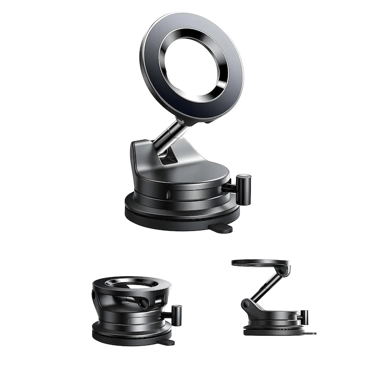 Suport Auto Telefon Elindor® cu Ventuza pentru Parbriz, Bord sau Oglinda, Magsafe, Compatibil 5.4-7.9 inch, pentru Iphone, Ajustabil 360°, Flexibil, Pliabil, Orizontal / Vertical, Accesorii Masina, 4 x 5.8 cm, Negru
