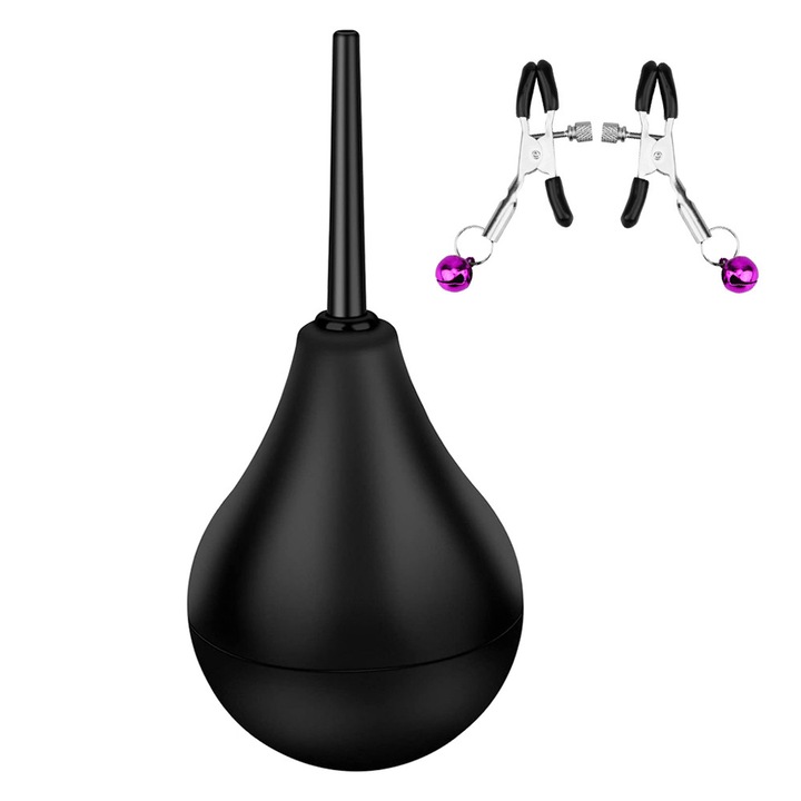 Irigator Clisma, Pentru irigare anala si vaginala, cu clesti pentru sfarcuri, Cauciuc/Metal, 220 ml, Negru