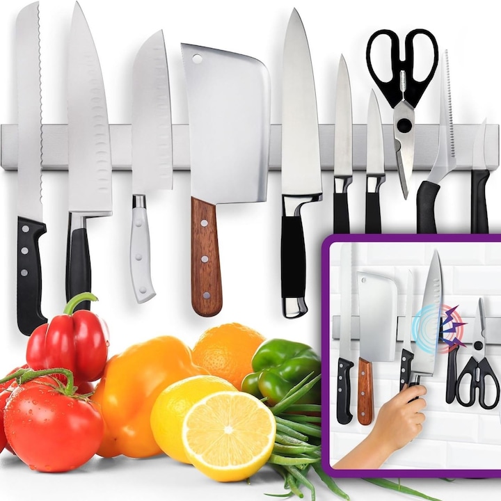 Bara magnetica de 40 cm pentru depozitarea cutitelor, din otel inoxidabil 304 de inalta calitate, montare fara gaurire, raft pentru cutite de bucatarie, ustensile si unelte, economiseste spatiu pe perete, rezistenta la greutate, usor de curatat, argintie