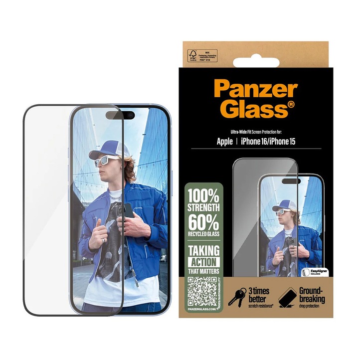 Фолио за телефон, PanzerGlass, ултраширок протектор за екран, черен, съвместим с iPhone 15/16