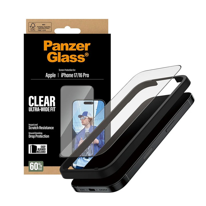 Folie pentru iPhone 17 / iPhone 16 Pro - PanzerGlass® Ultra-Wide Fit Screen Protector w. EasyAligner - Black