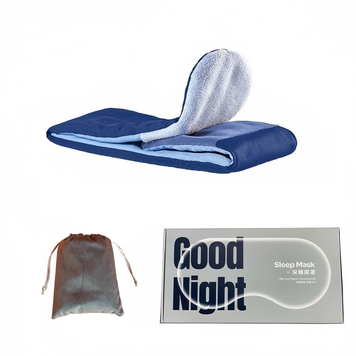 Perna de Calatorii tip Suport de Cap 360° Bluvista®, Fara presiune pe ochi, ambalaj premium, respirabili, ultra-moi, anti-alergeni, blocare totala a luminii, ideal pentru somn profund, curea reglabila, Masina, Autobuz, Tren, Bleumarin