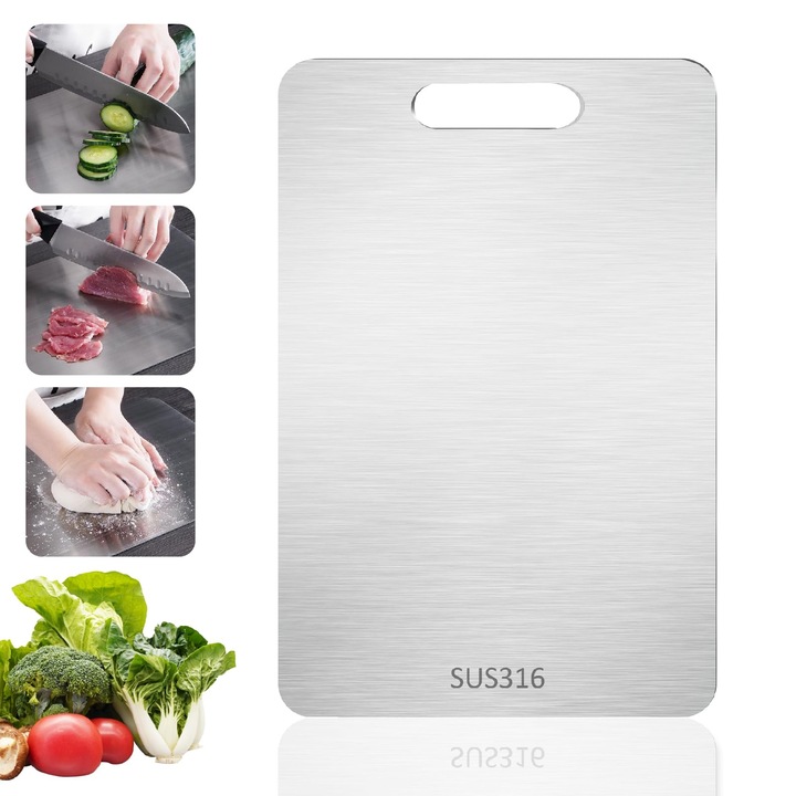 Tocator de bucatarie din inox, gros, design antiderapant, utilizare pe ambele parti