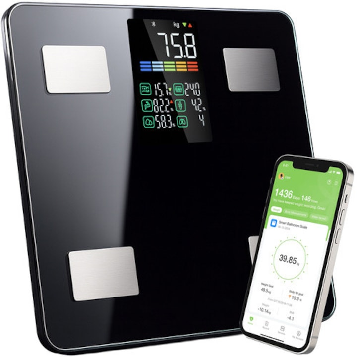Cantar corporal analitic smart, Zola, analiza personalizata 8 indicatori, ecran LCD, aplicatie Feelfit, LB/KG/ST, greutate maxima 226 kg, 30 x 30 x 3 cm, negru