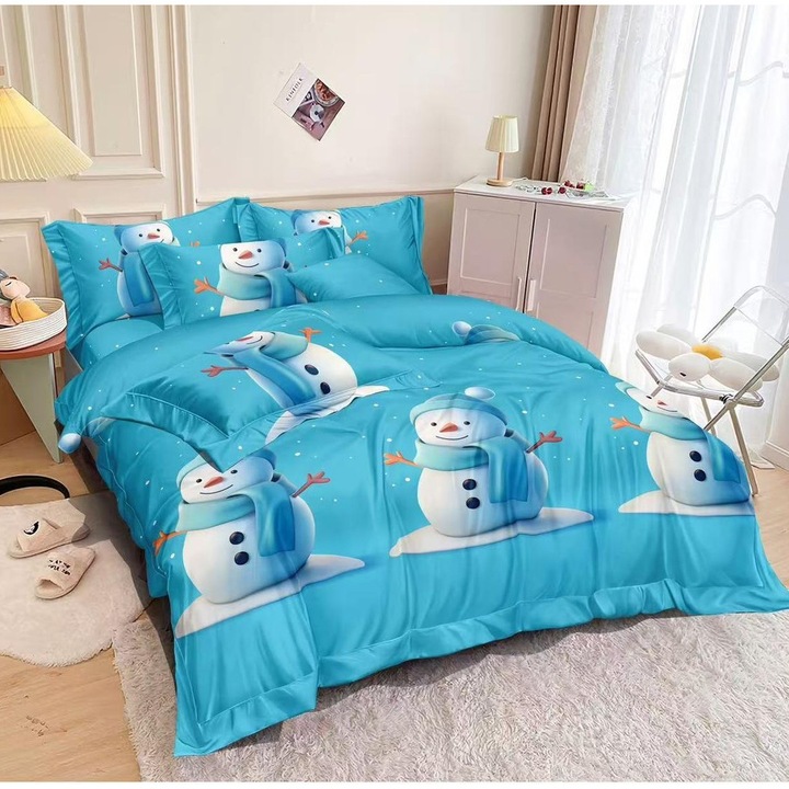 Set Lenjerie de Pat cu Motive de Craciun, Culoare Albastru Deschis, din Bumbac tip Finet, 6 Piese, 220x230cm, pentru Pat Dublu, cu 4 Fete de Perna Incluse