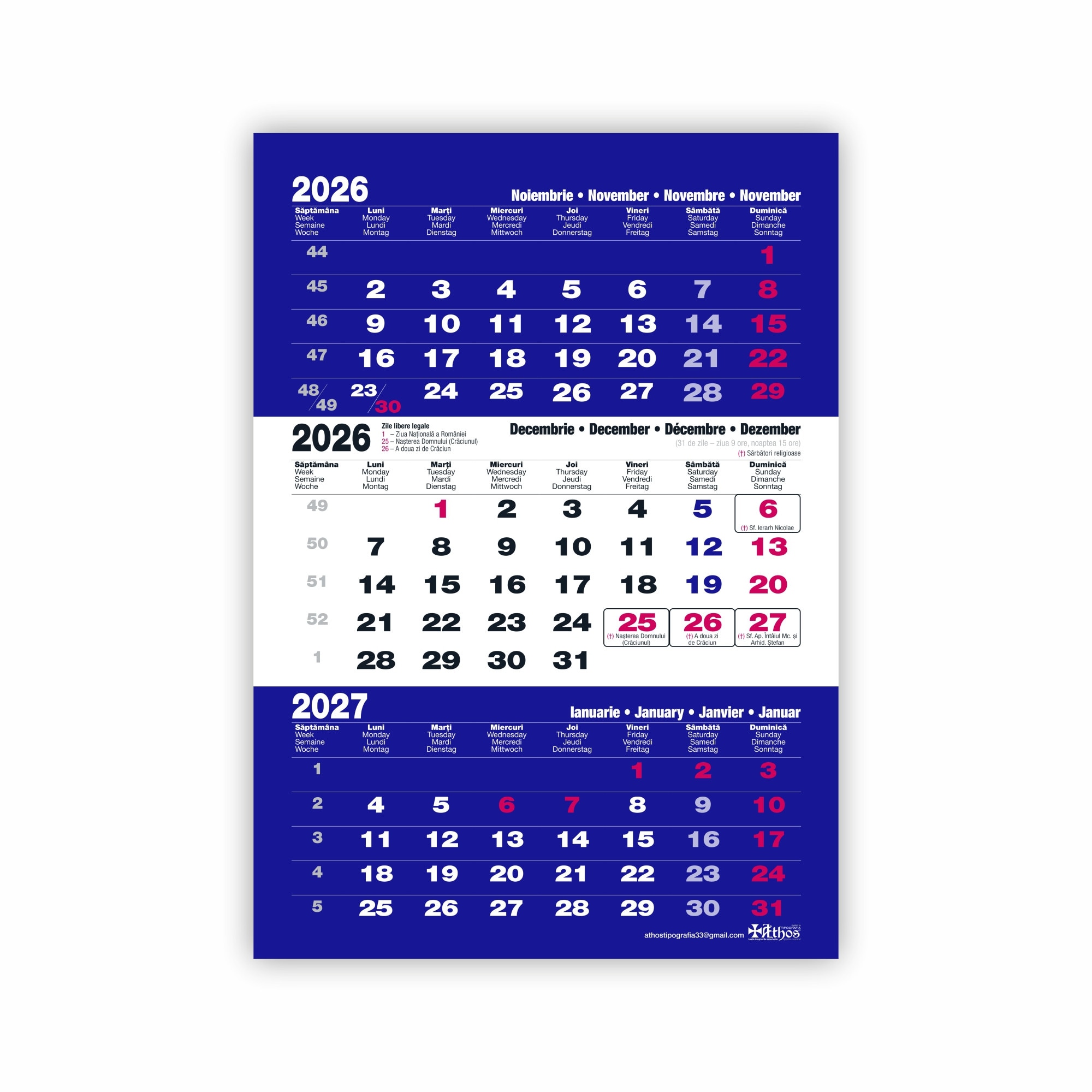 Calendar de perete 2026, Triptic, format X3, 33 x 47 cm, 12 file