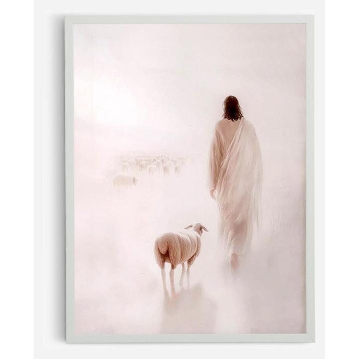 Tablou Ilustratie Crestina inspirat din Matei 18:12 ISUS si Oaia pierduta 53 x 43 cm ALB