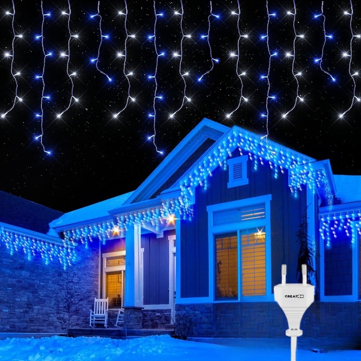 Instalatie Craciun GREATON Tip Turturi, 10m, 300 LED, Franjuri Curgatoare, Interior/Exterior, Fir Transparent, 8 Jocuri de Lumini, Interconectabila, Rezistenta la Apa, Alb/Albastru